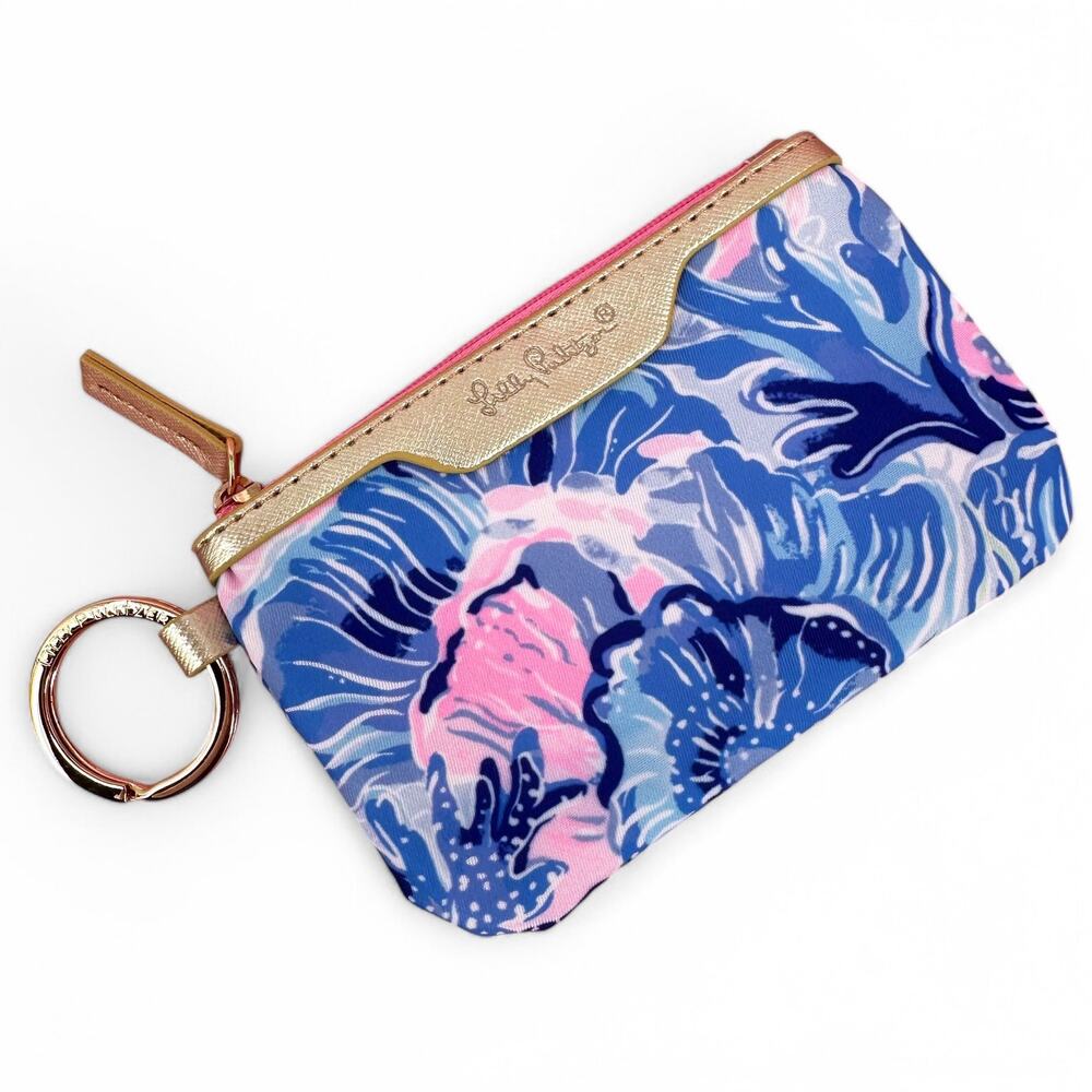 Lilly Pulitzer Shade Seekers ID Case Blue Pink Tropical Print Keychain